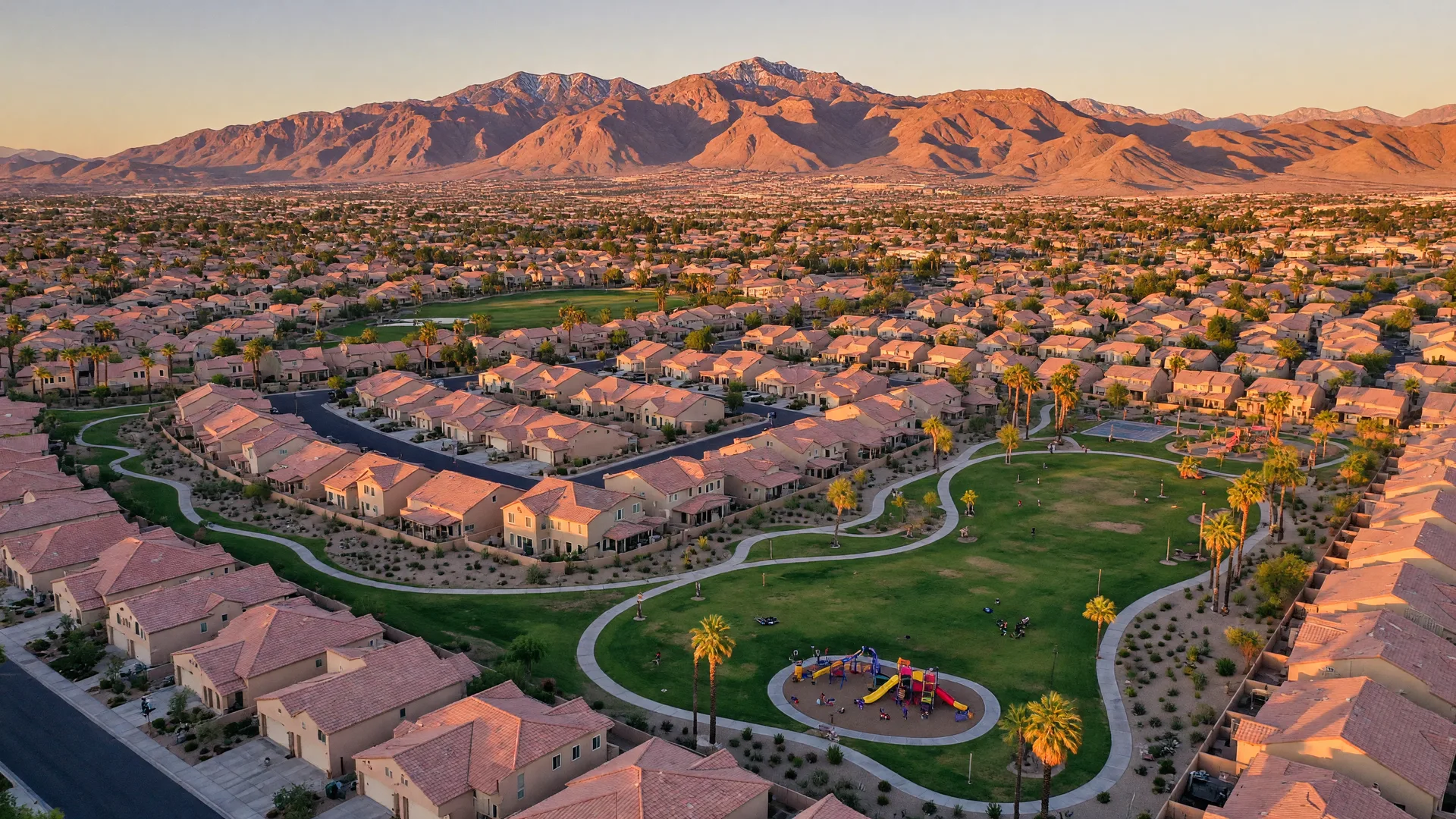 Aerial view of a Southwest Las Vegas master-planned community at golden hour with tile-roofed homes, green trails, a park, and the Spring Mountains