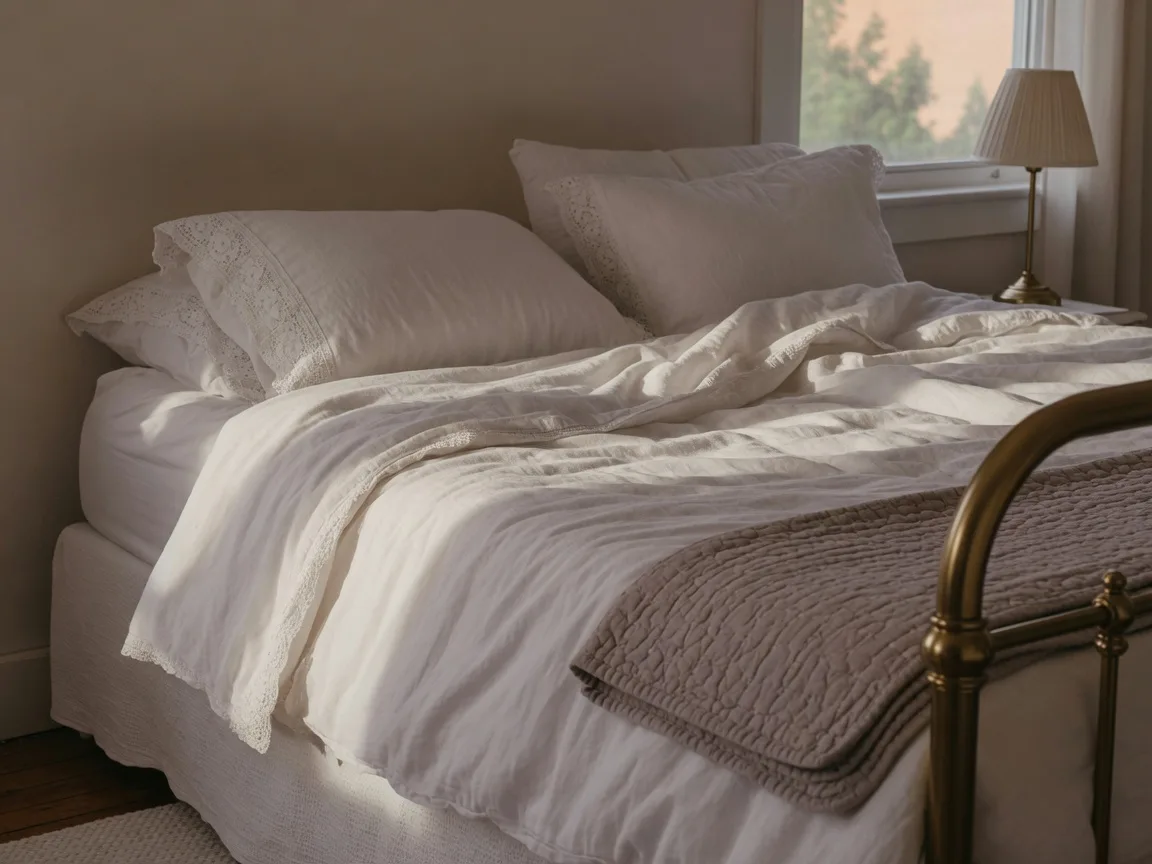 White linen bedding in soft morning light for a private boudoir session