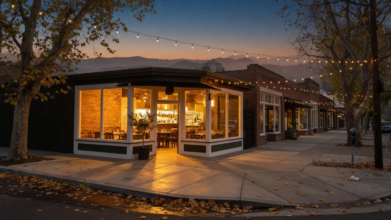 A newly opened restaurant district in a Central Valley California downtown at dusk in October, warm light glowing from a renovated storefront, string lights over the street between plane trees, autumn leaves on the sidewalk, and the Sierra Nevada foothills on the horizon