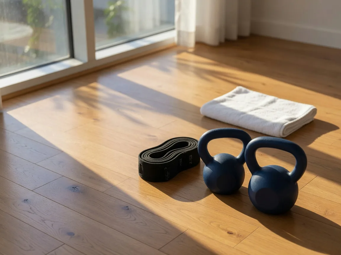 Navy kettlebells and a resistance band on a wooden gym floor in soft morning light