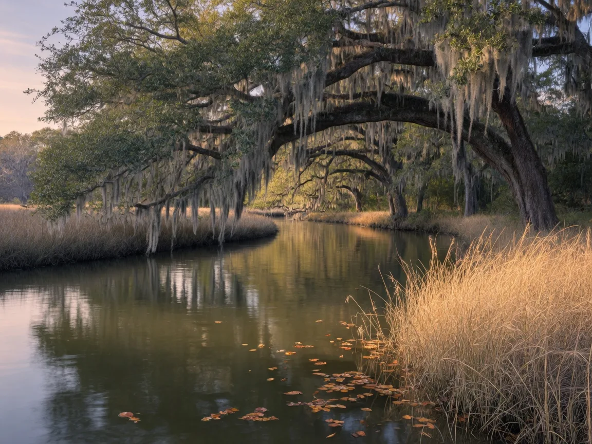 Live oak branches covered in Spanish moss overhanging a calm tidal creek in soft winter afternoon light