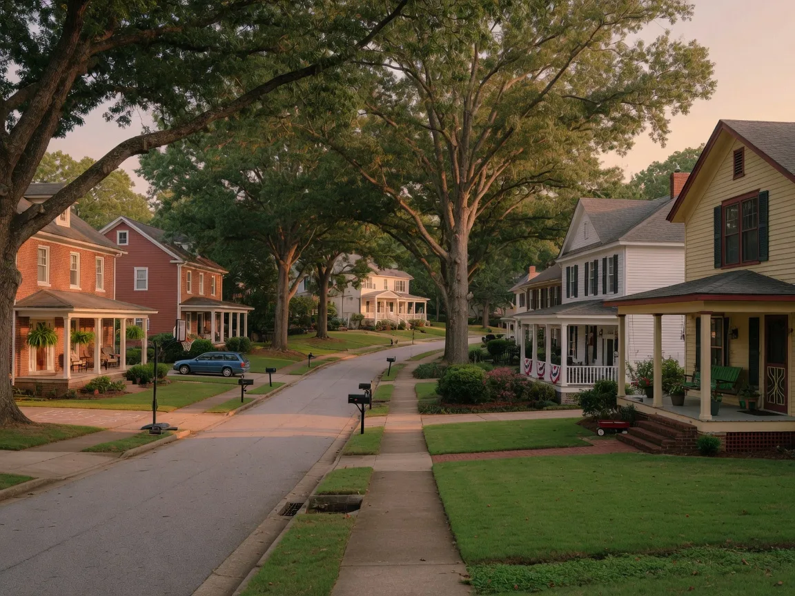 A classic suburban street in Cobb County with mature oak trees and craftsman homes at golden hour
