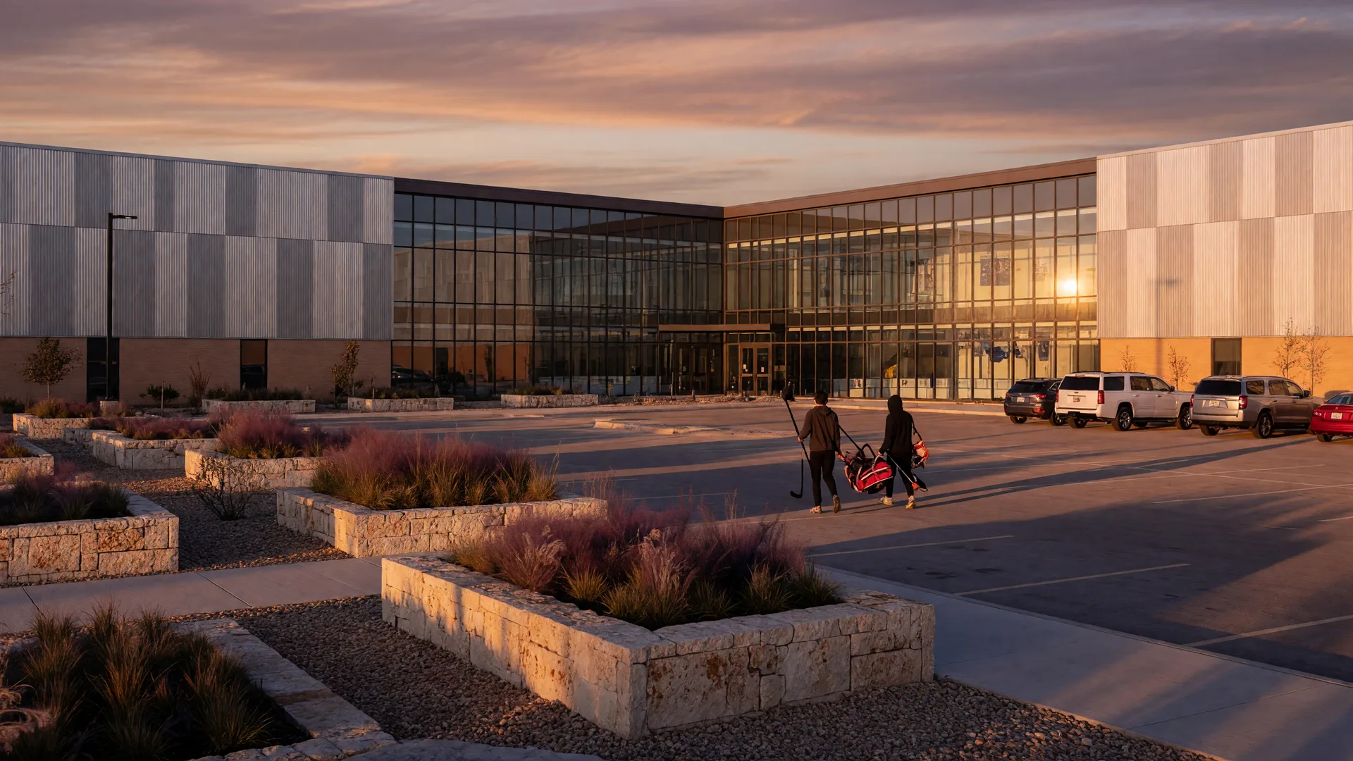 A modern multi-sport indoor athletics complex in North Texas at golden hour, with sports bags carried toward the glass entrance
