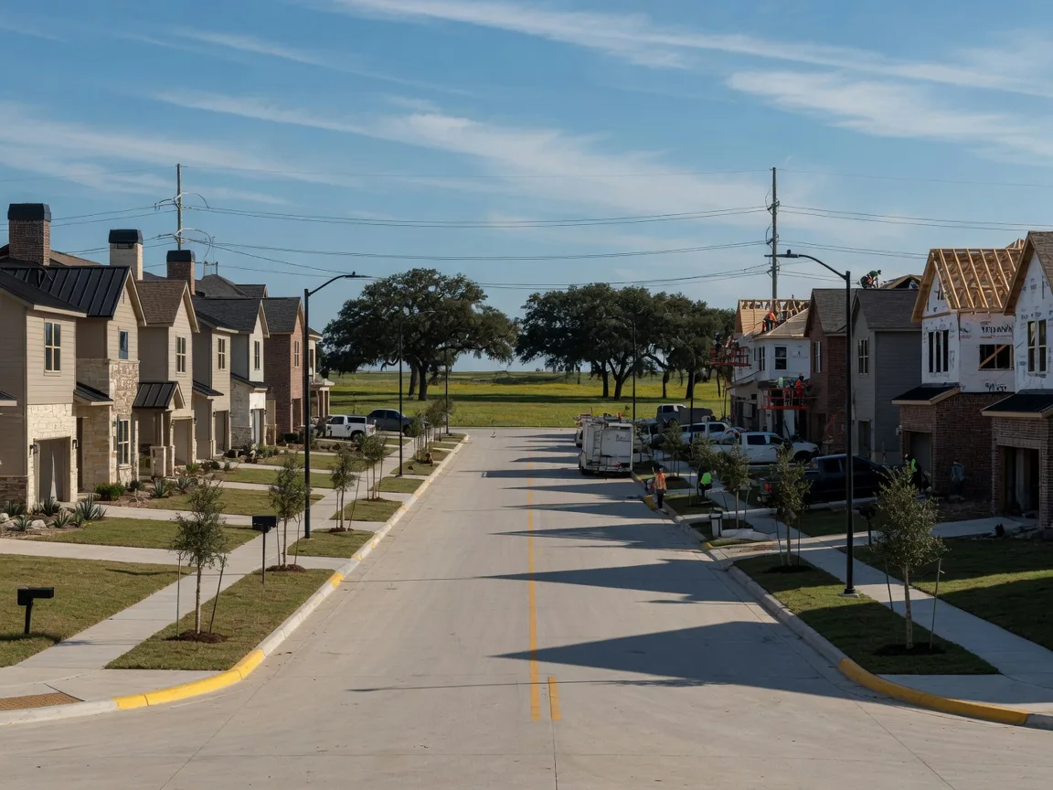 Newly paved street in a North Texas master-planned community showing homes in various stages of construction under a bright summer sky