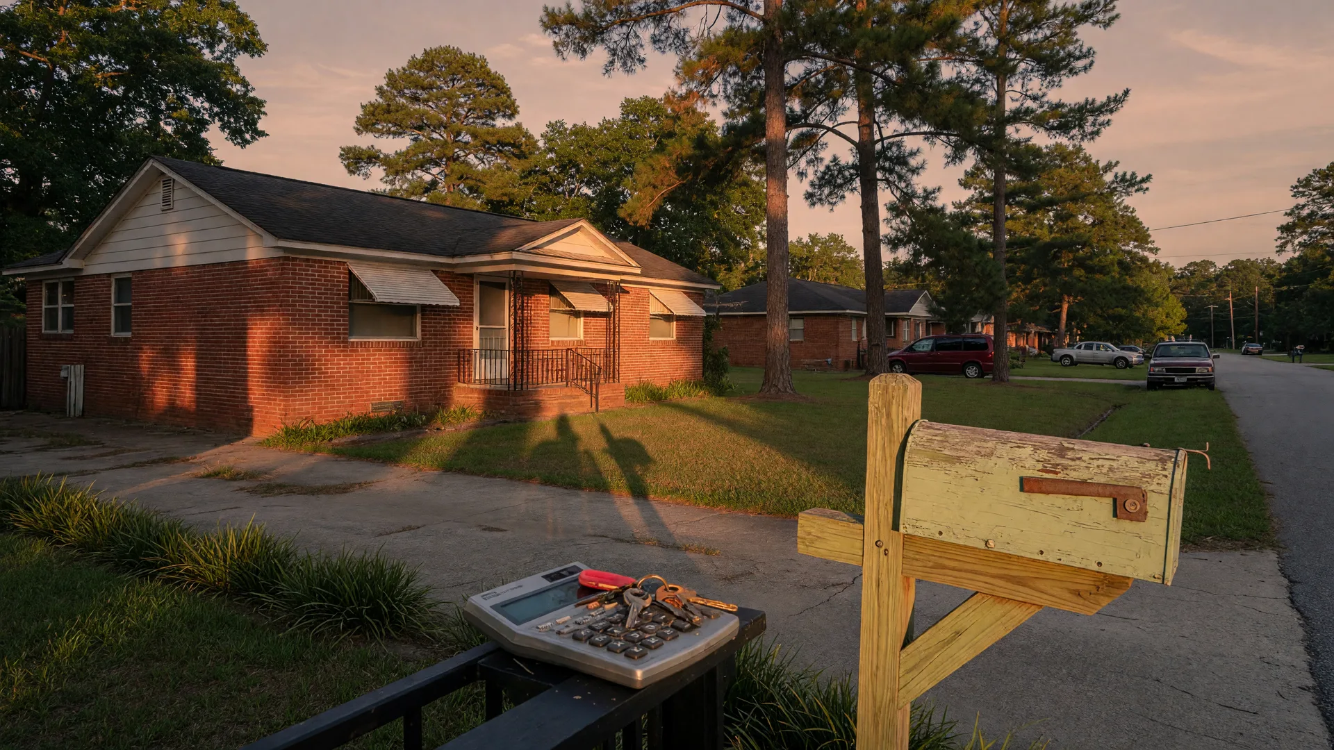 A brick ranch home in Irmo, South Carolina at golden hour, with a wooden mailbox and a calculator and house keys on the porch railing