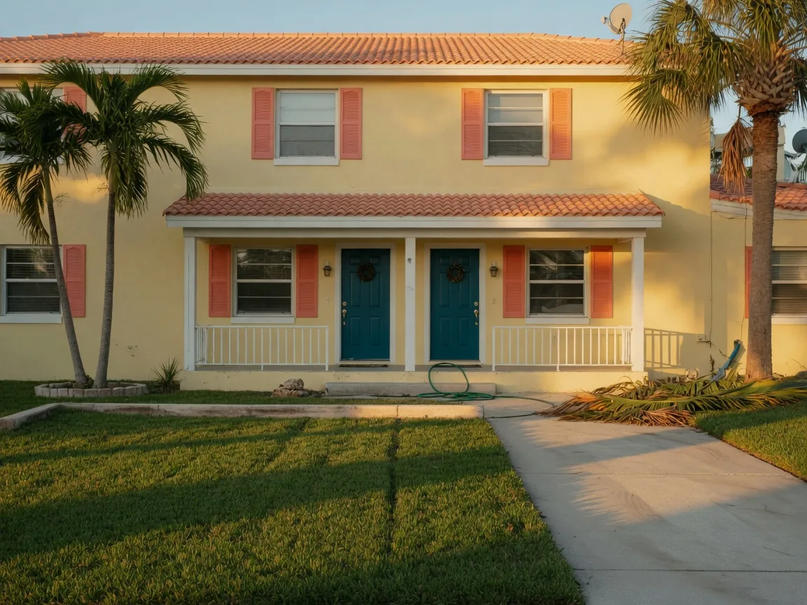 A neat Florida duplex rental property with two front doors in warm late-afternoon light