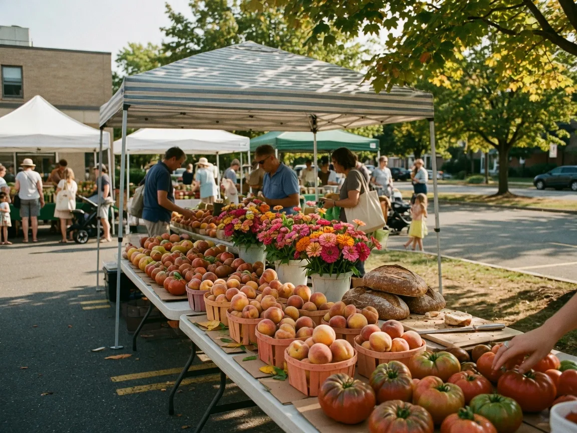 Canopy tents at the Jenkintown Farmers Market with baskets of heirloom tomatoes, peaches, and fresh-cut flowers on a warm Thursday afternoon