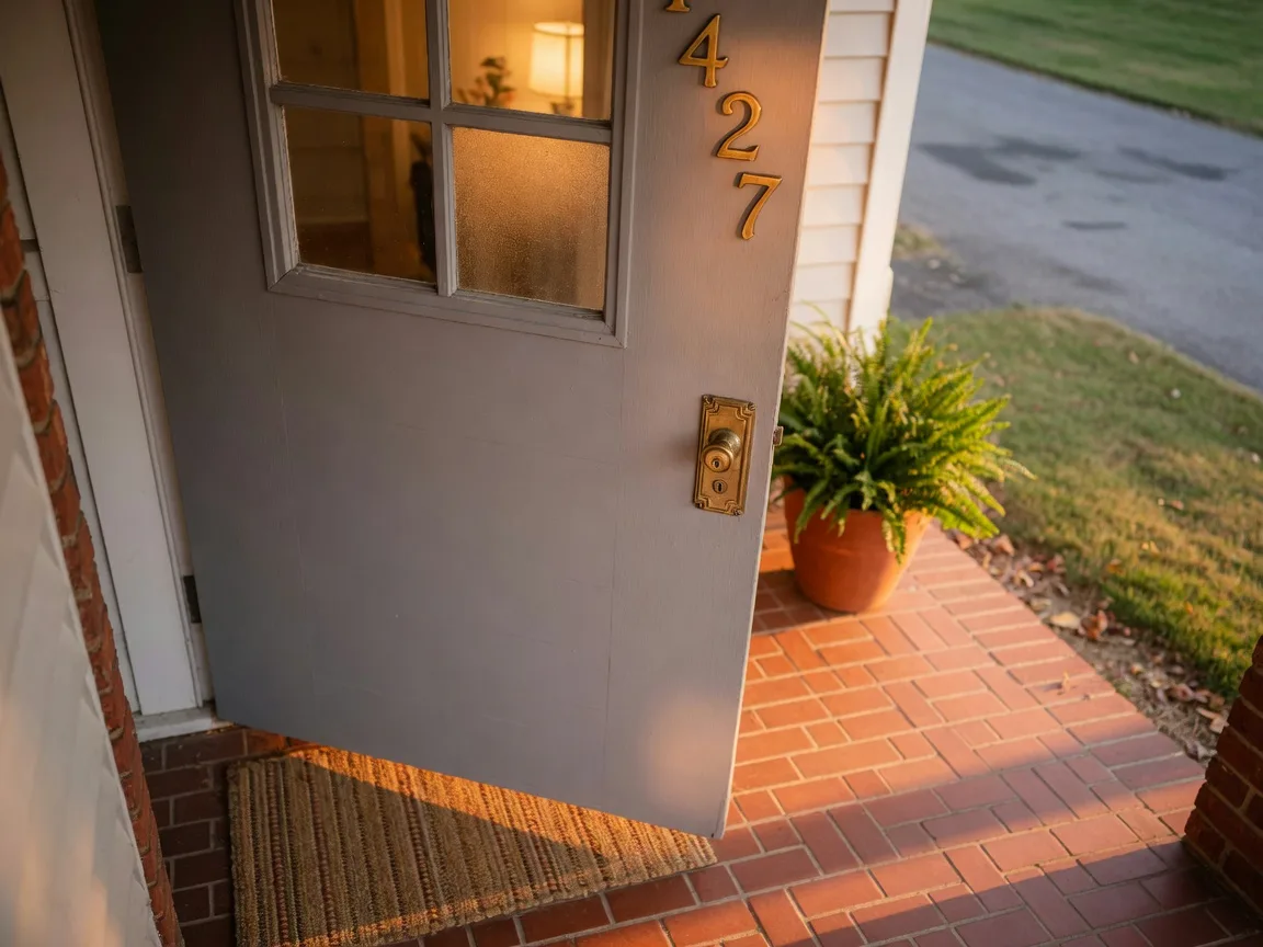 Warm grey front door with brass house numbers at golden hour, glowing window and welcome mat on a brick porch