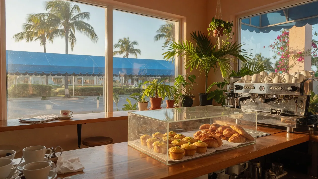 The warm espresso bar of a specialty coffee cafe in Islamorada in morning light, a chrome espresso machine and glass case of fresh-baked pastries on a polished wood counter, palm trees outside the tropical windows