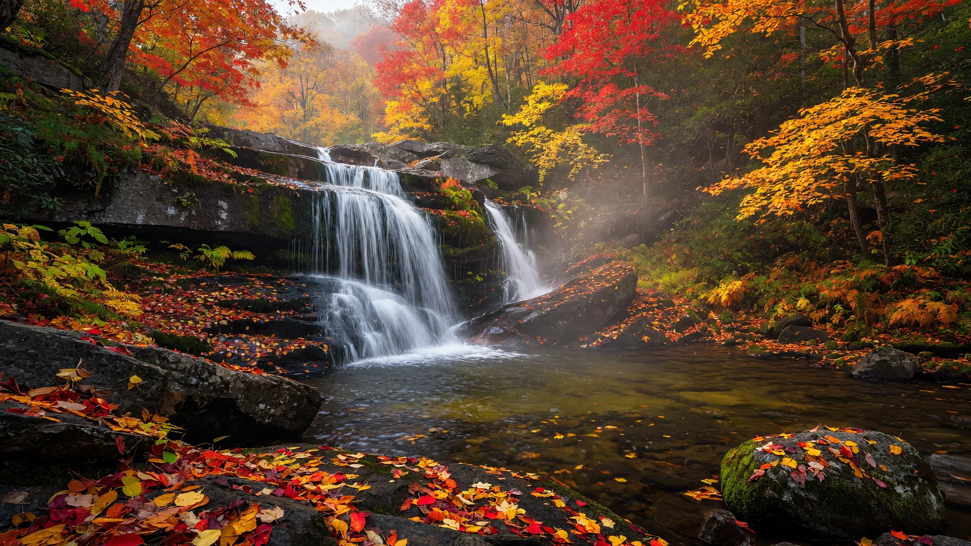 Waterfall in the Appalachian foothills at peak autumn color, water cascading over mossy granite ledges into a clear pool beneath golden and crimson hardwoods