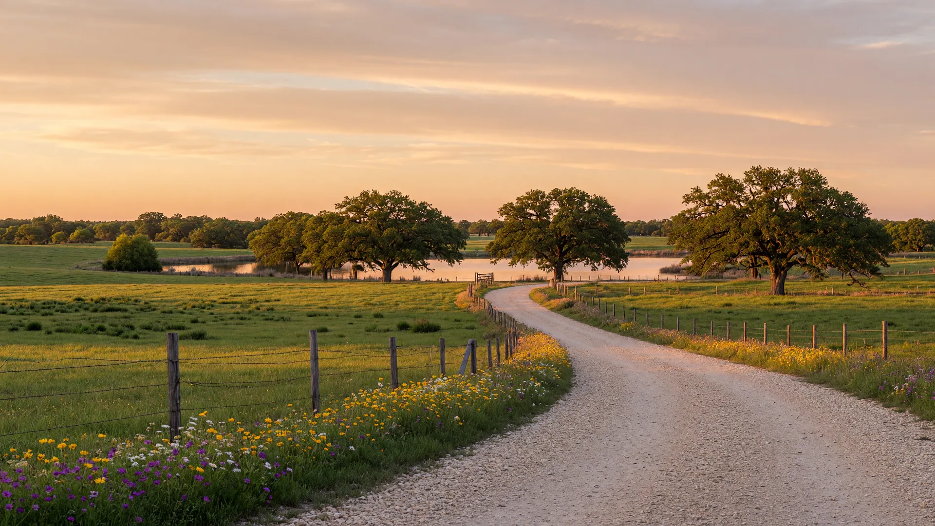 Rolling pastures and a winding gravel road through rural Delta County, Texas at golden hour