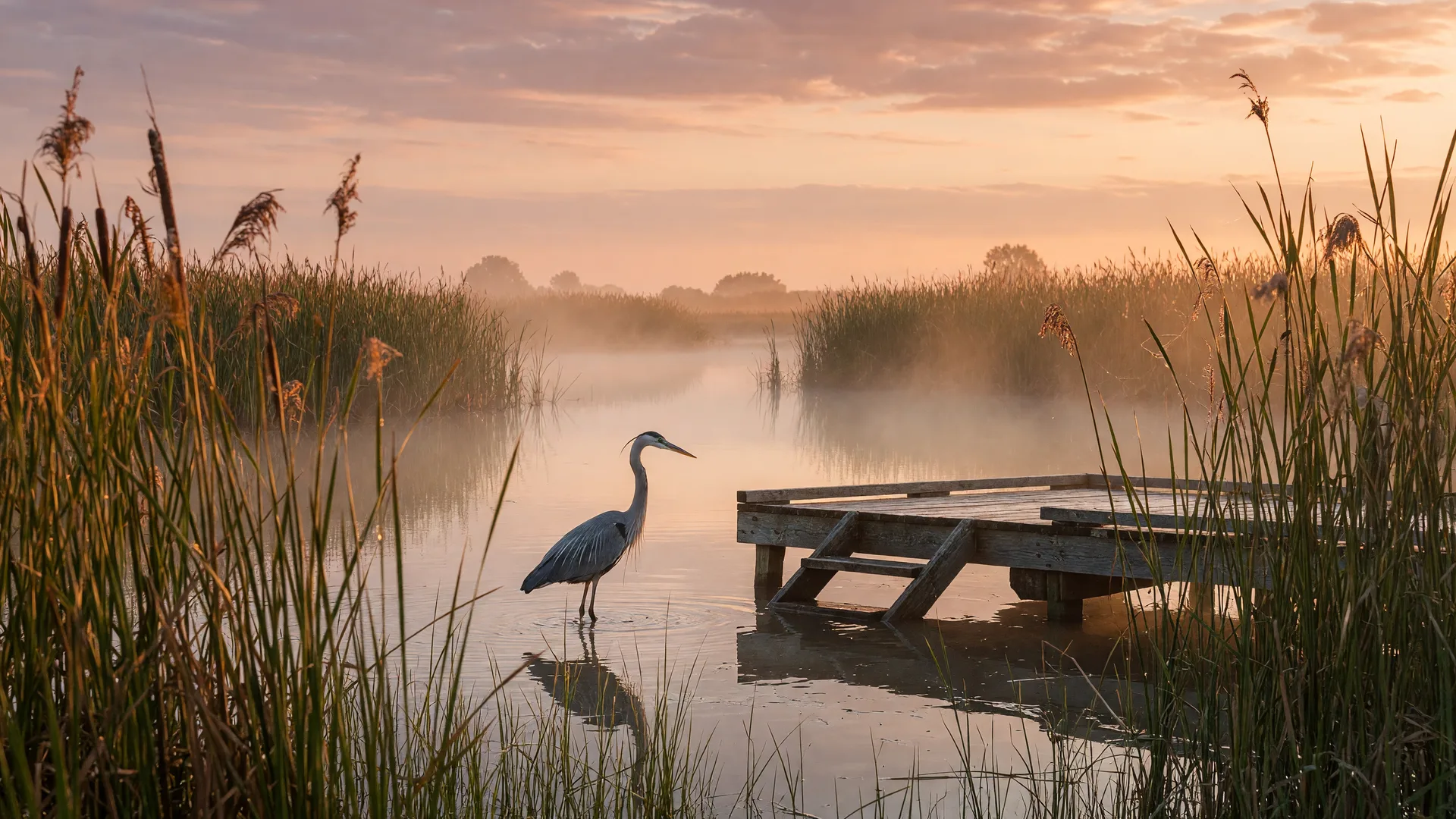 Marshland at sunrise with cattails, mist, and a great blue heron at Oak Ridge Waterfowl Production Area