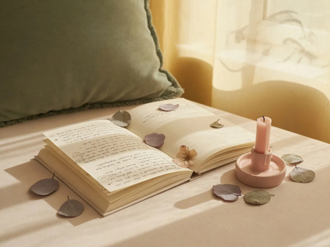 Open journal with handwritten notes, a blush pink candle, and dried eucalyptus in warm golden light