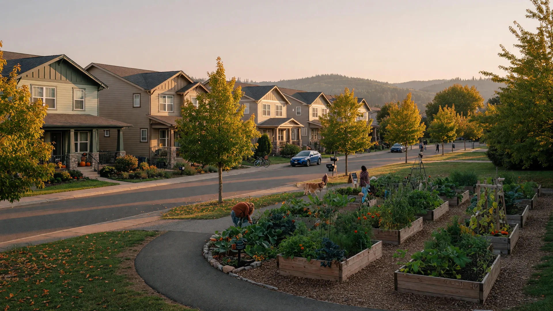 A walkable Wilsonville neighborhood in early autumn, craftsman townhomes beside a park with a walking path and community garden, maples just turning gold