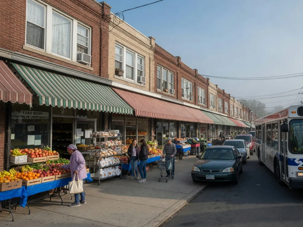 Storefronts, awnings and a passing SEPTA bus along the Castor Avenue commercial strip in Rhawnhurst, Northeast Philadelphia