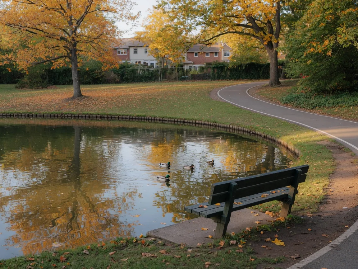 A peaceful suburban park pond in early autumn with golden foliage reflected in still water, a wooden bench at the water's edge, and a quiet walking path