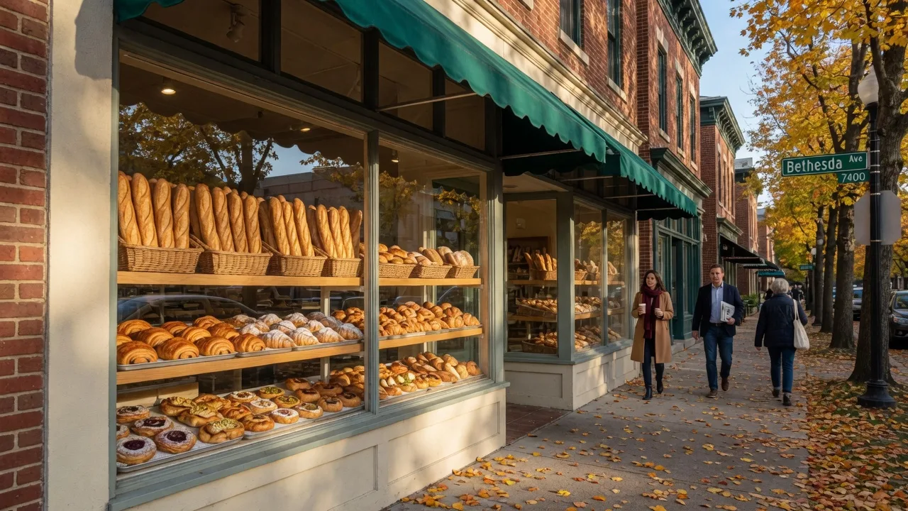 Bright French artisan bakery storefront on Bethesda Avenue in downtown Bethesda, Maryland on a crisp October morning, a glass window full of fresh baguettes and pastries under a green awning, with pedestrians on the tree-lined sidewalk