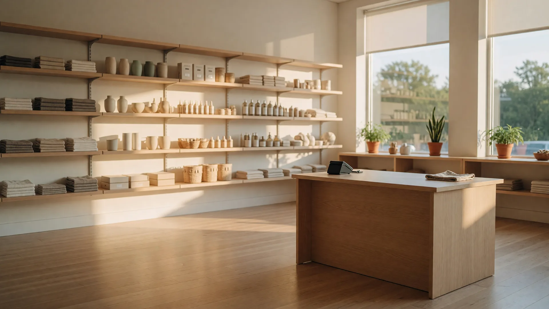 The clean interior of a modern retail store in morning light, with neat shelving and a wooden checkout counter in the foreground.