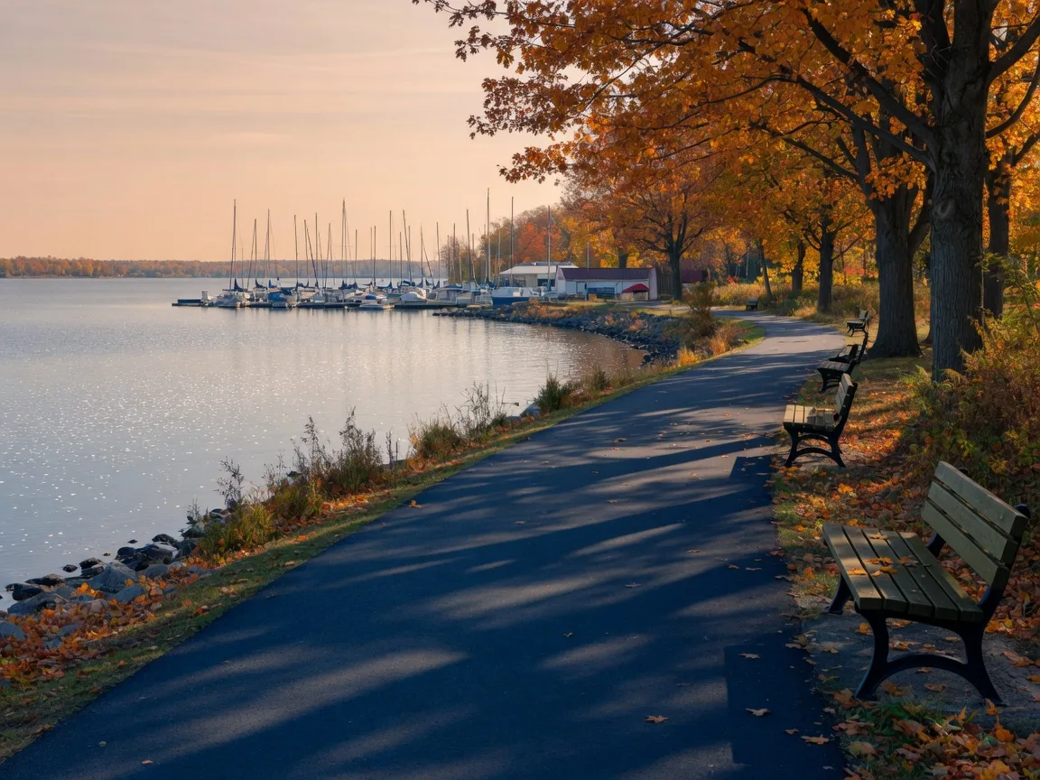 A paved waterfront walking trail along Lake Scugog in Port Perry, with benches, autumn maples and the marina in the distance