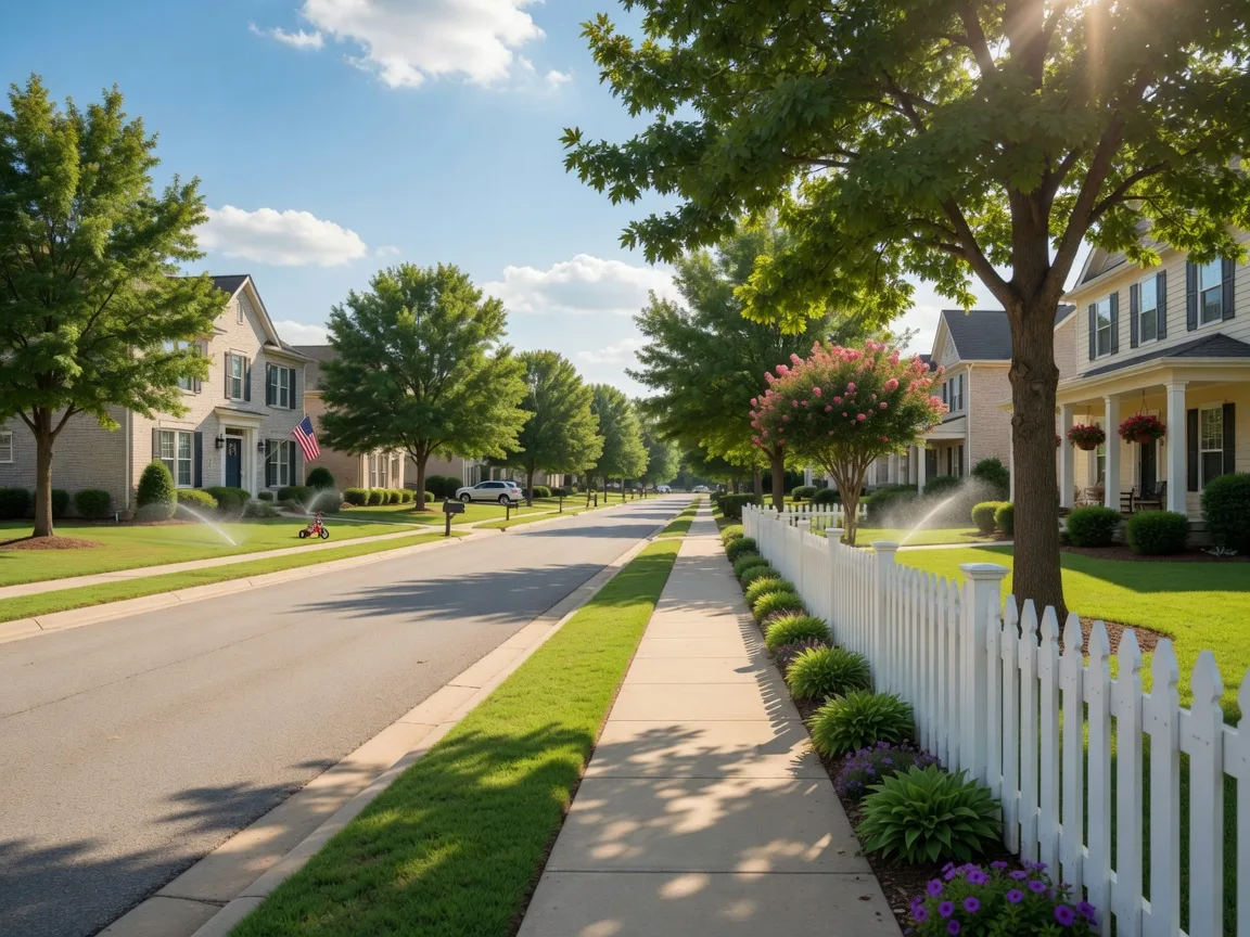 Quiet residential street in Jenks, Oklahoma with well-maintained family homes and green lawns on a sunny fall afternoon
