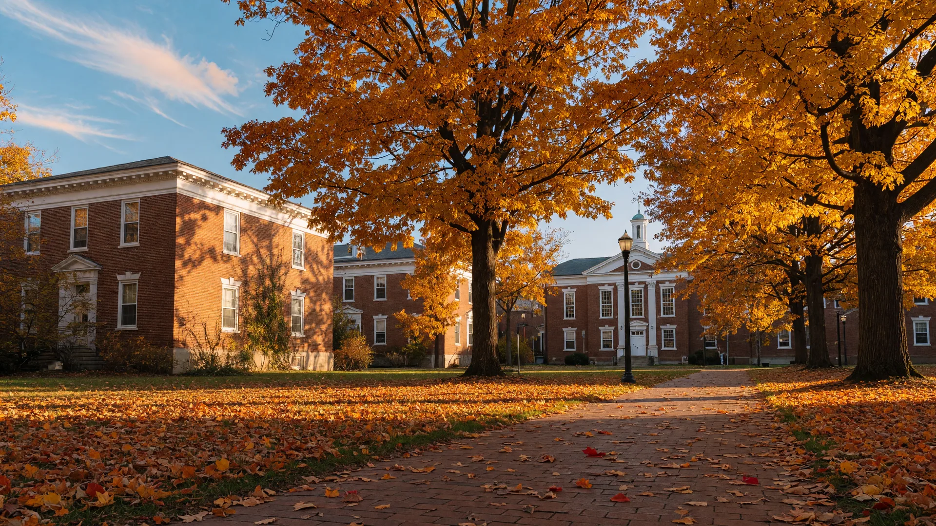 Red-brick campus buildings and golden maples in Indiana, PA, in full autumn color