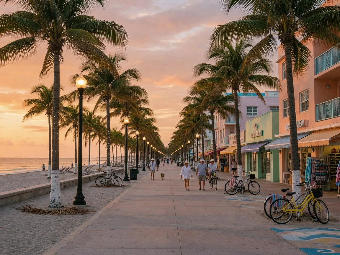 The Hollywood Beach Broadwalk at late afternoon, royal palms along the oceanfront promenade