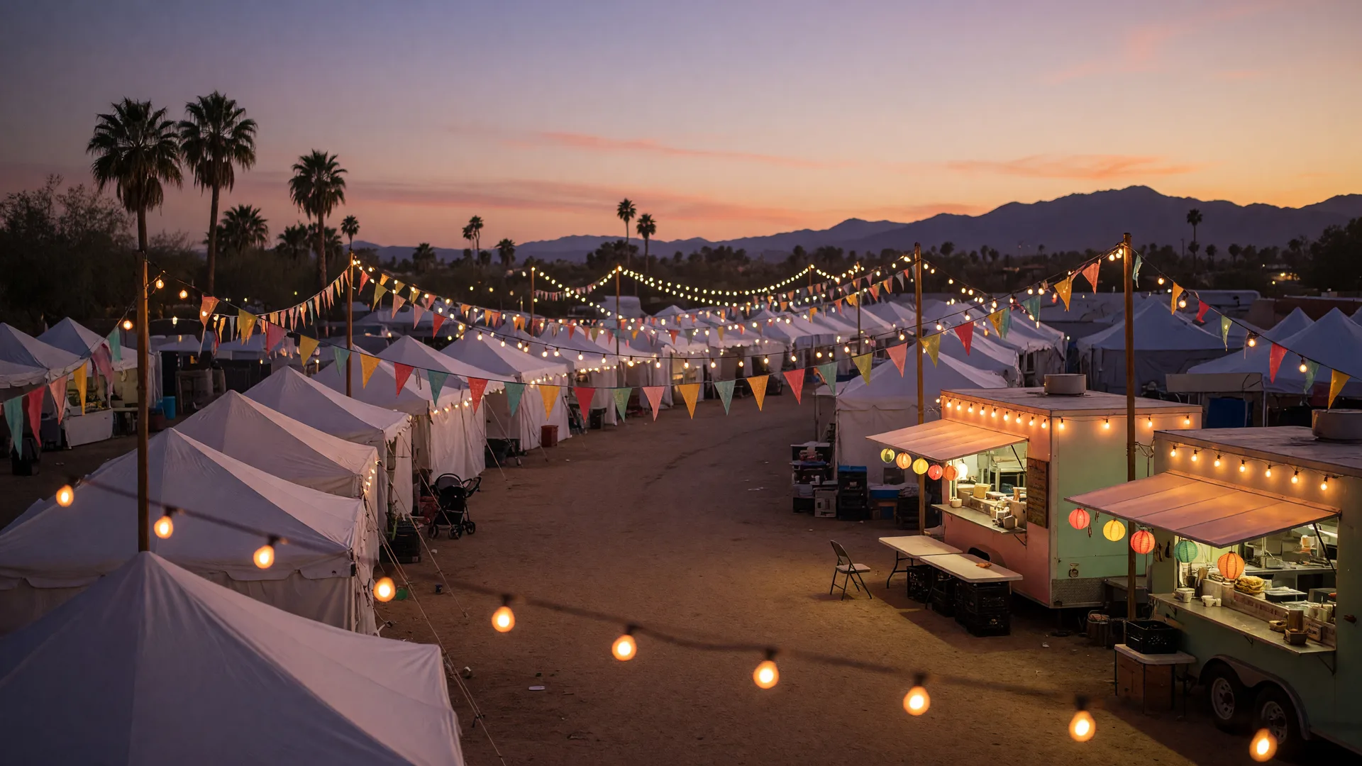 An outdoor festival grounds with vendor tents and string lights at dusk