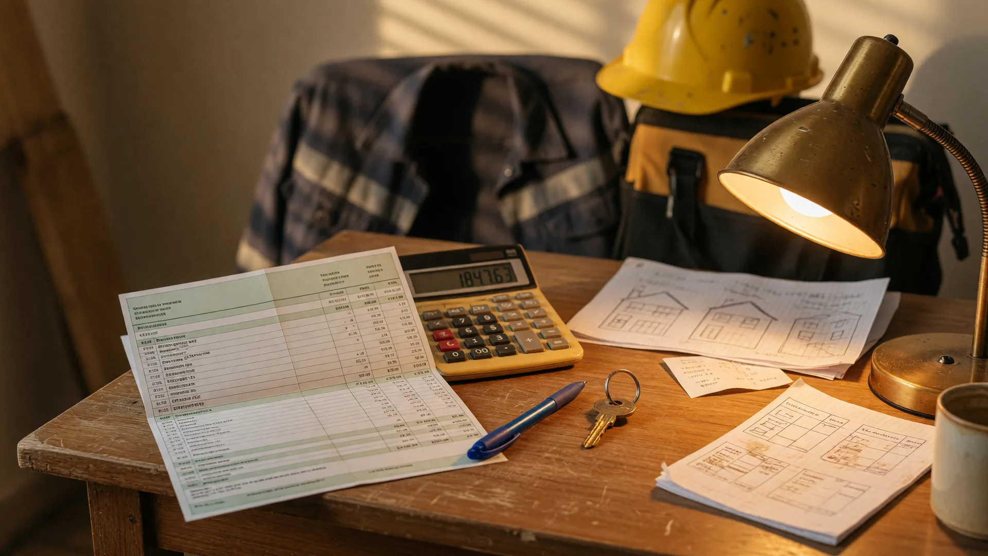 A homebuyer's planning desk with a year-end pay stub printout, a calculator, a pen, and a brass house key, with a work jacket and safety helmet blurred in the background