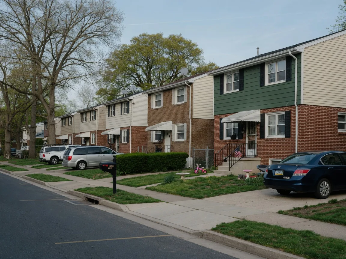 A calm street of post-war single-family detached homes from the 1960s in the Parkwood and Millbrook section of Northeast Philadelphia