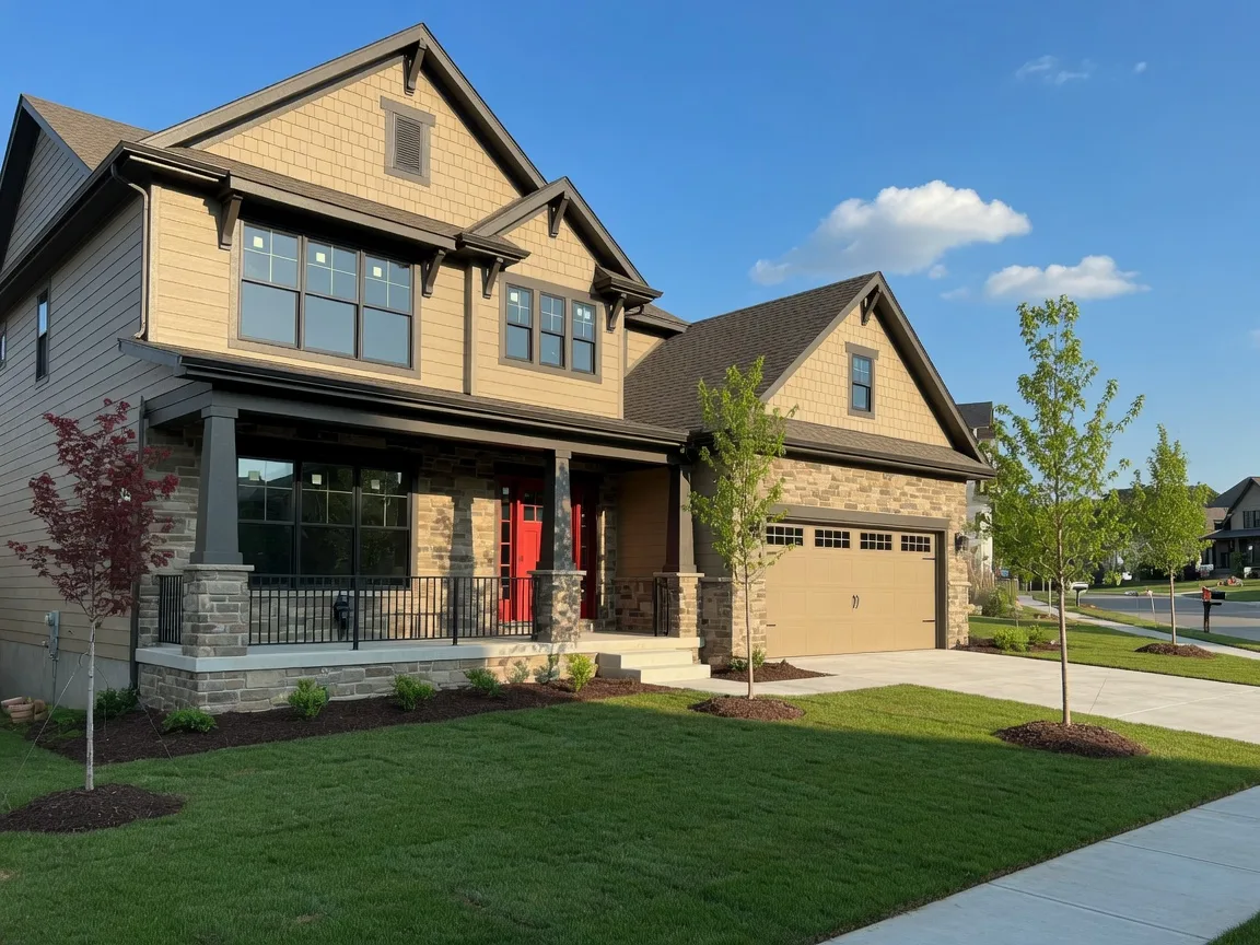 Beautiful newly constructed craftsman-style home with stone and siding exterior in a Kansas City East Metro community