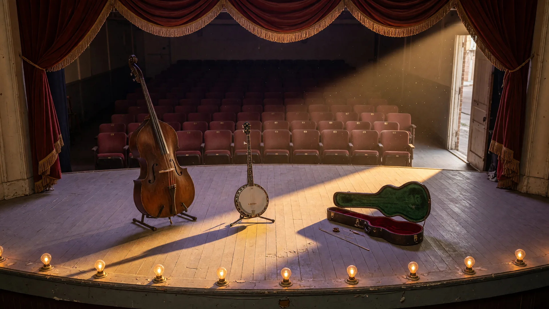 A small-town Texas theatre stage set for a bluegrass matinee, with an upright bass, banjo, and fiddle case under warm golden footlights and a red velvet proscenium