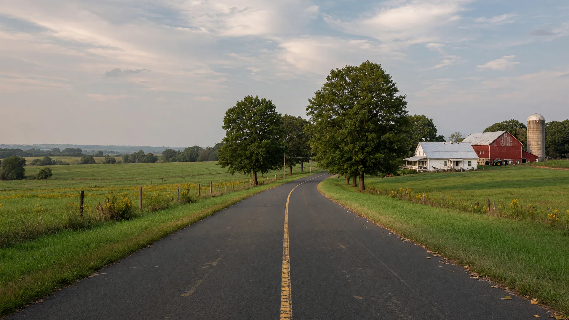 A quiet rural country road and rolling farmland in North Hanover Township, Burlington County, New Jersey