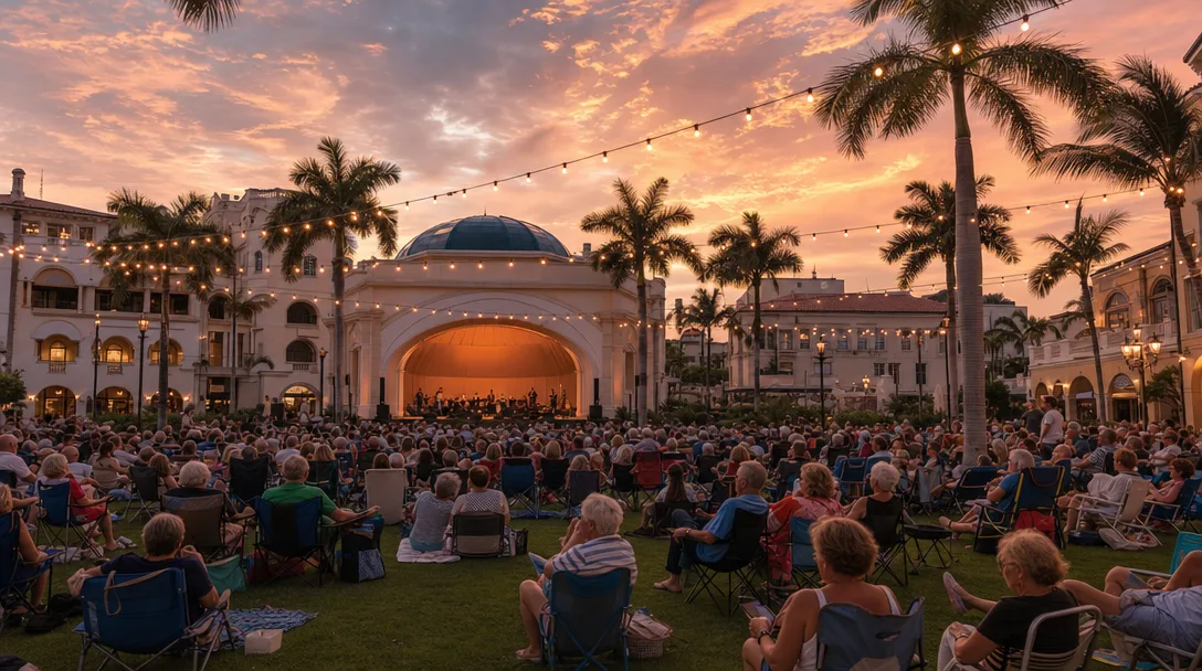 Mizner Park Amphitheater in Boca Raton on a summer evening with string lights, concertgoers on blankets, and Mediterranean architecture