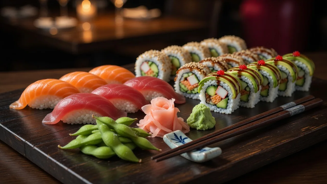 Assorted sushi rolls and nigiri on a wooden platter