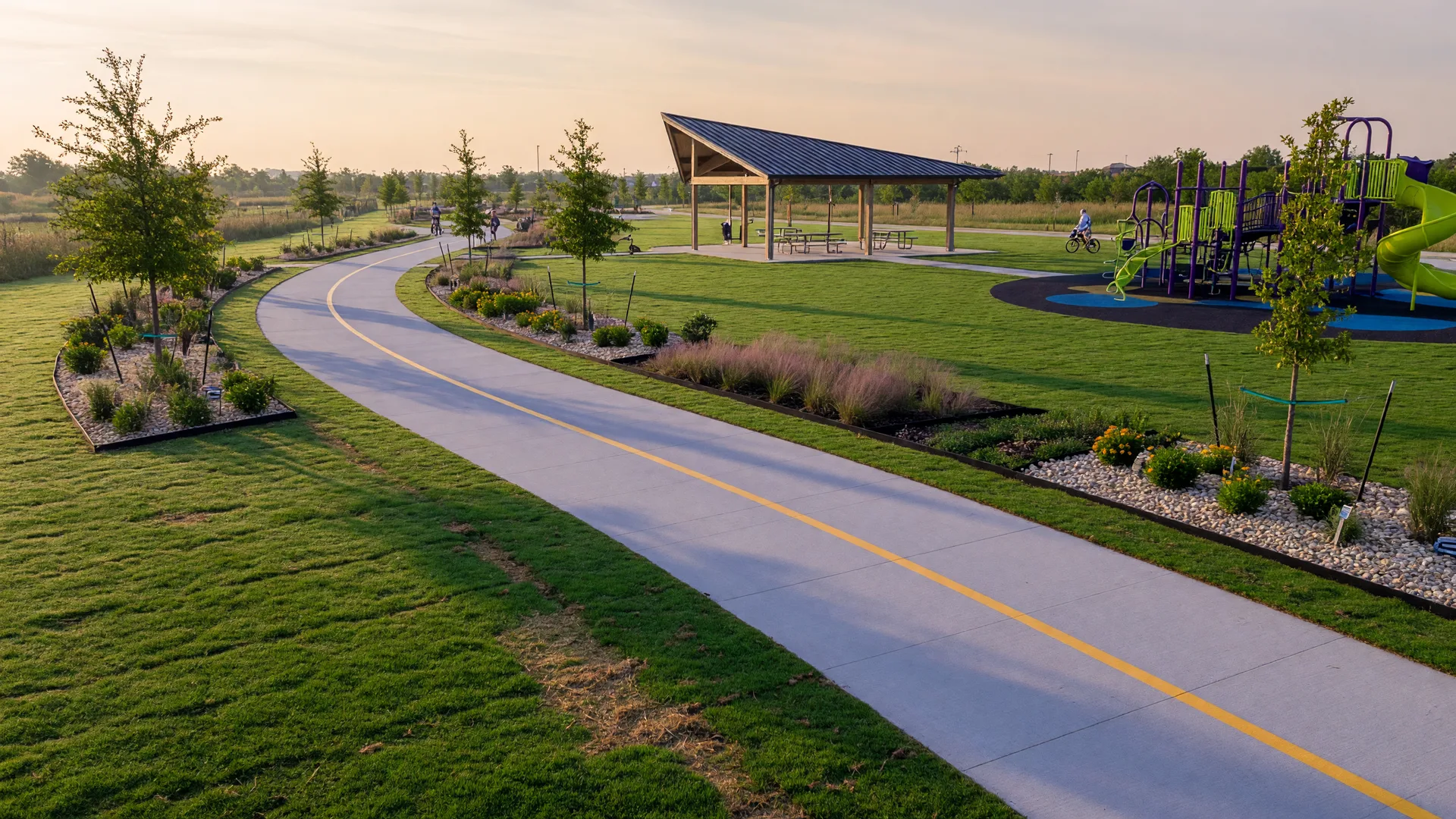 Walking and biking trail and playground in The Preserve community park area, Justin, Texas