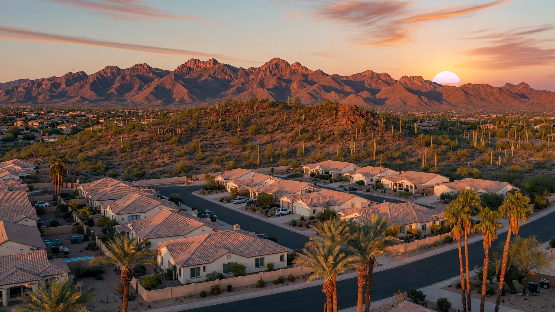Golden hour view of Goodyear, Arizona with the Sierra Estrella mountains and a master-planned community in the foreground