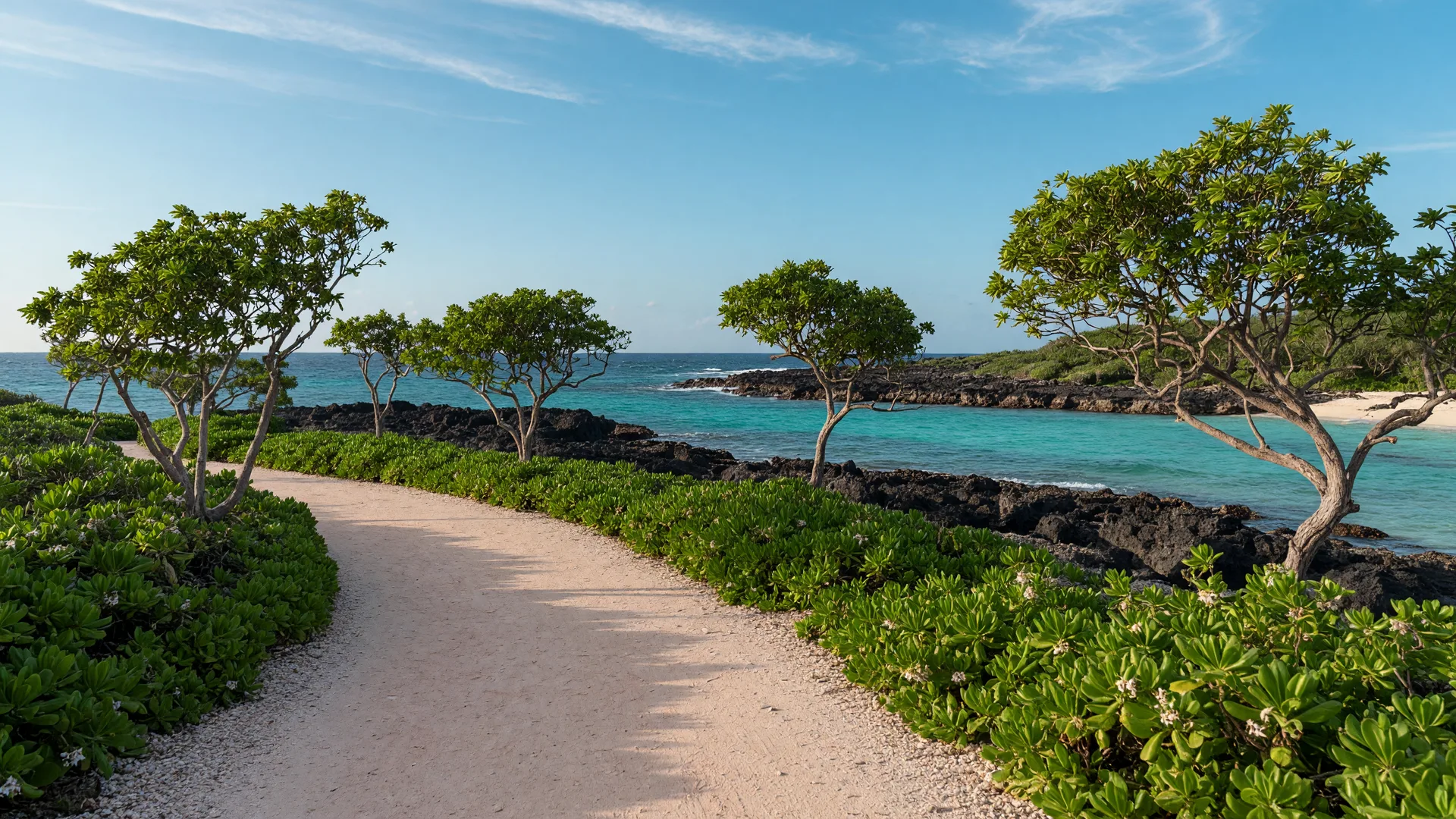 A sunlit coastal walking path along a tropical shoreline