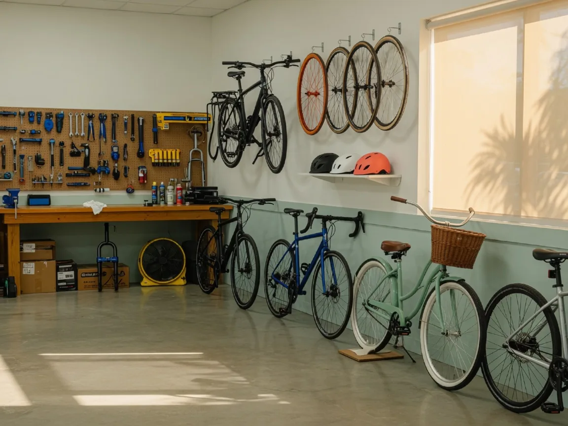 Tidy interior of Big Momma's Bicycles in Naples, Florida with commuter, road, and cruiser bikes along the wall, a repair workbench with tools, and wheels and helmets on display