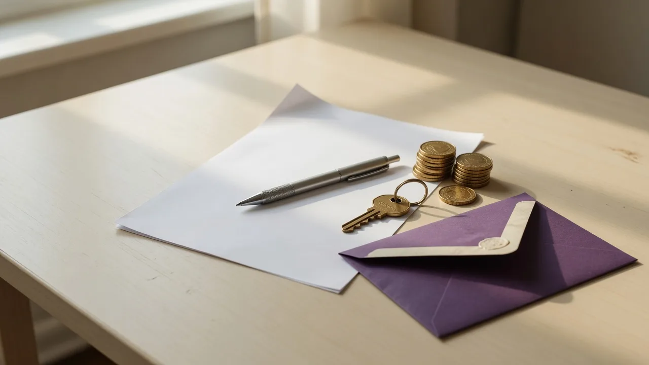A blank sales contract, a stack of coins, and a house key on a desk, representing the cash offer versus listing decision for a probate house