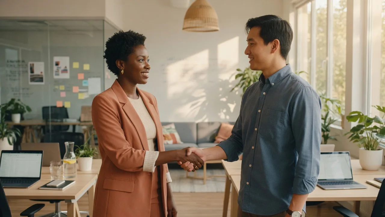 Professional handshake between diverse business people in a bright modern office
