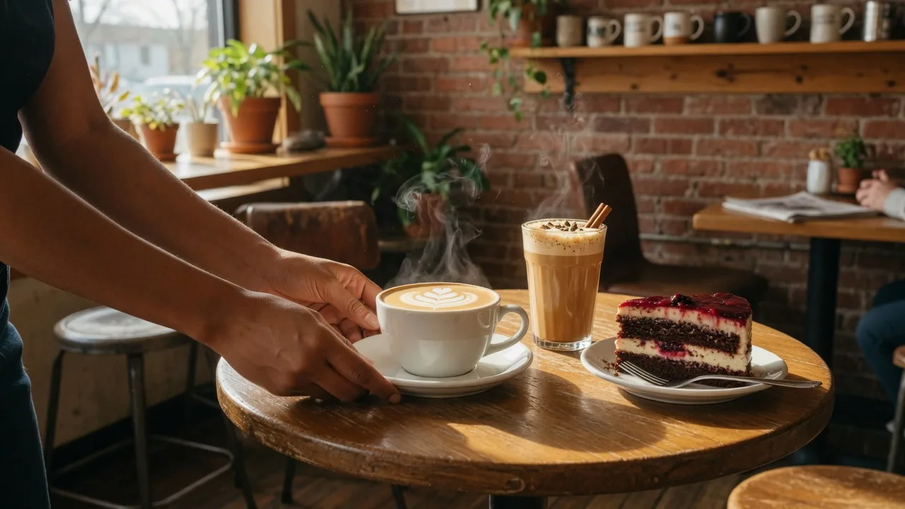 A barista sets down a latte with leaf foam art at EPIC Coffee Shoppe in Kettering Ohio, with a steaming chai and a layered dessert on a wooden table in warm morning light