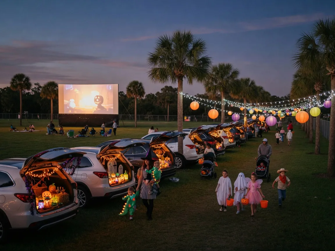 An October evening family event at a Florida community park with decorated cars for trunk-or-treat, string lights between palm trees, and a large outdoor movie screen glowing in the distance