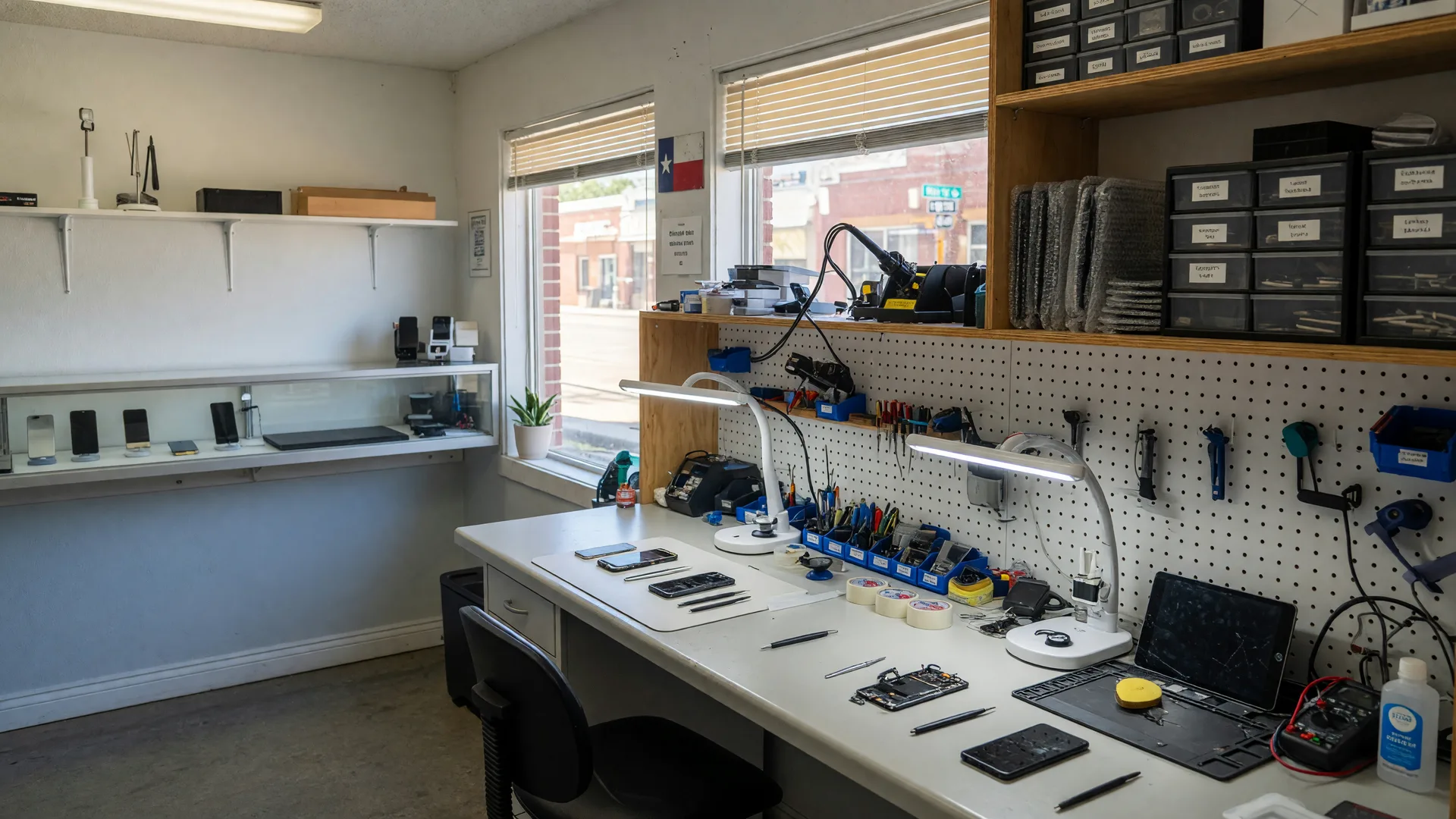 The interior of a small electronics repair workshop with smartphones and tablets under task lighting in a Paris, Texas storefront