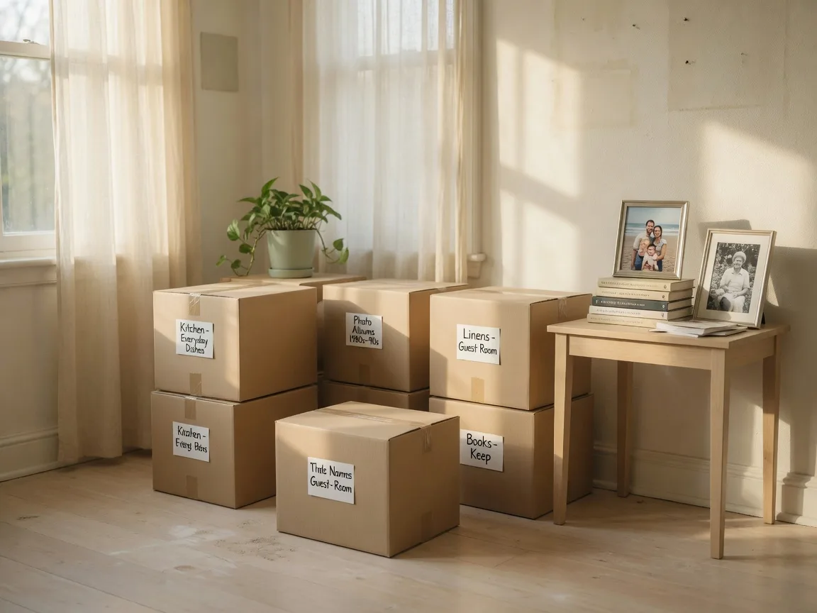 A warm, sunlit sitting room during a thoughtful downsizing, with labelled moving boxes and family treasures being sorted