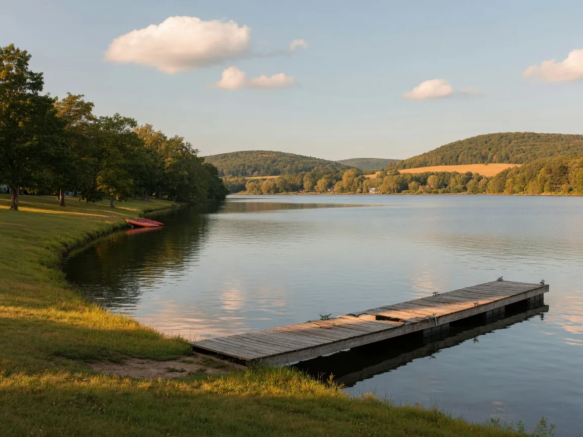 Lake Zoar in Oxford, Connecticut on a calm late-summer afternoon: a wooden dock reaching into still water with tree-lined wooded hills beyond