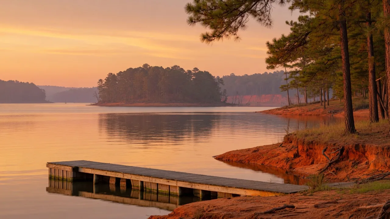 Lake Hartwell at golden hour in late summer, calm water with amber reflections, red clay banks, and pine trees framing the shoreline