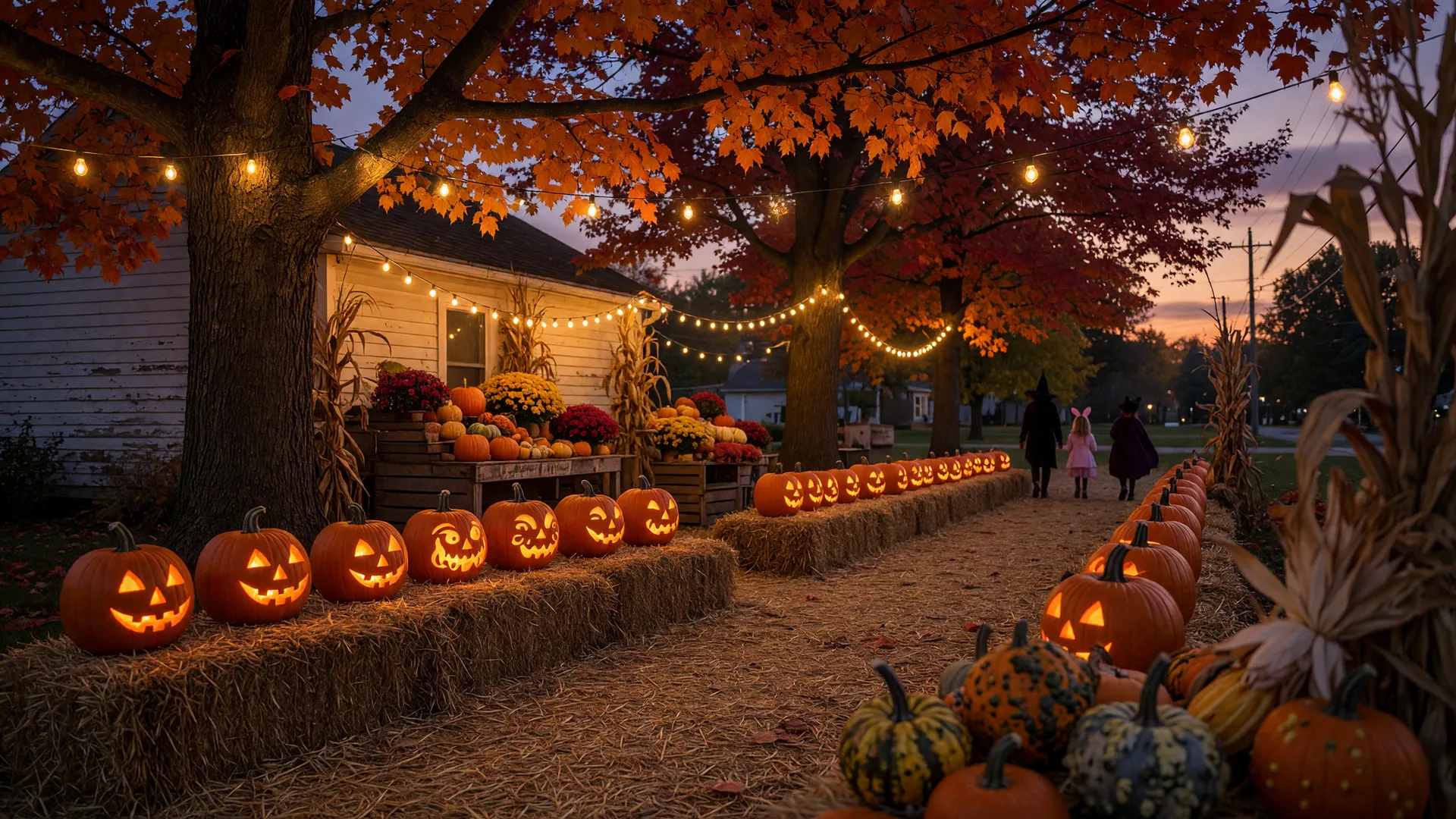Halloween weekend scene at a Northeast Ohio farm at dusk: glowing carved pumpkins along a hay-bale walkway, string lights in sugar maples at peak autumn color, corn stalks and gourds in the foreground