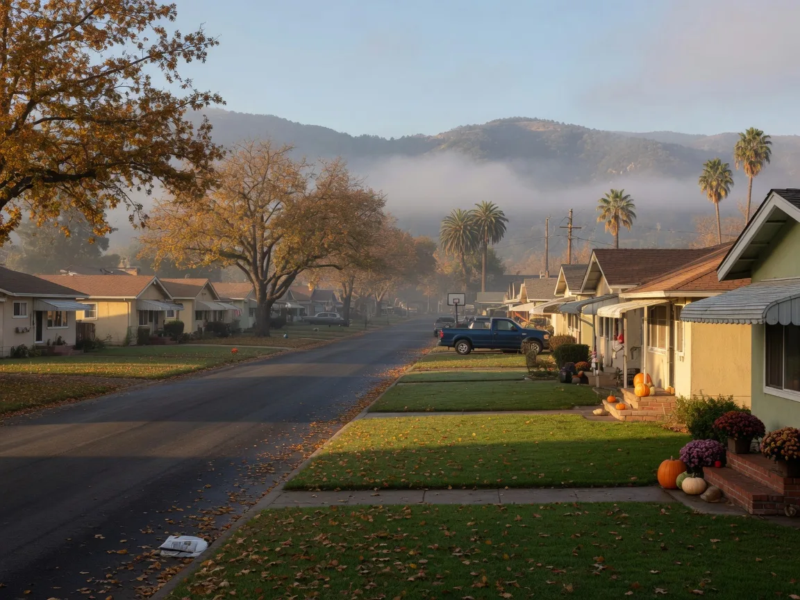 A Merced County neighborhood street on a crisp late-October morning with golden autumn leaves on the lawns, pumpkins by the front steps, and morning fog lifting over the valley
