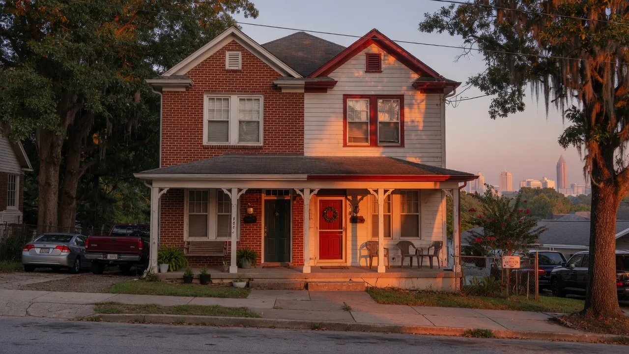 A classic two-story Atlanta duplex with brick-and-siding facade, two front doors and a covered porch at golden hour on a tree-lined intown street, representing house hacking with an FHA loan