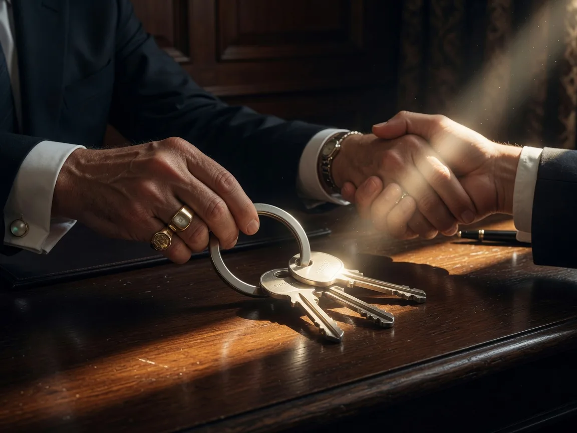 Two hands shaking over a dark oak desk with a metal key ring in dramatic victorious lighting